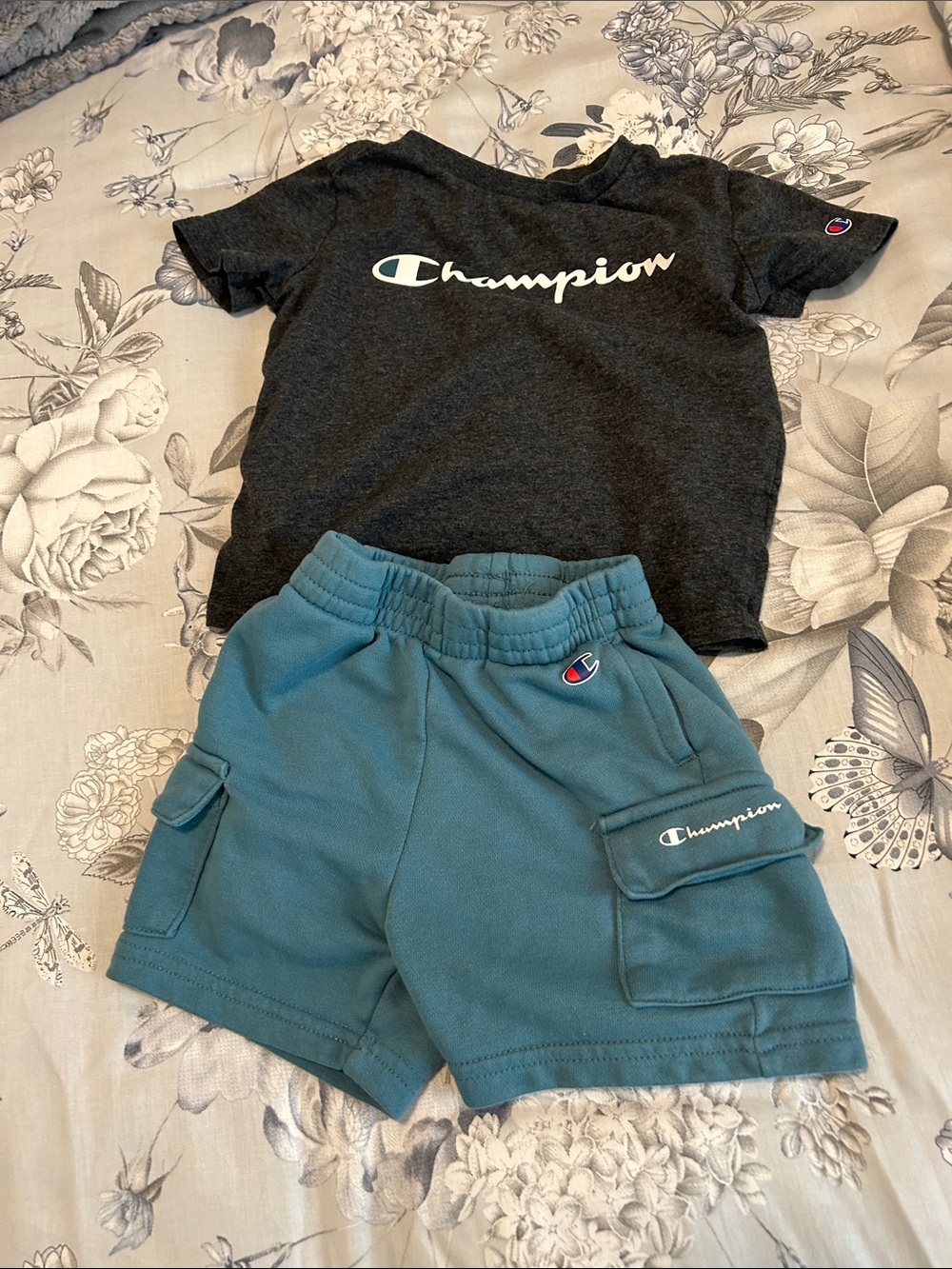 Champion Kids Dark Gray Logo Tee and Teal Cargo Shorts Set